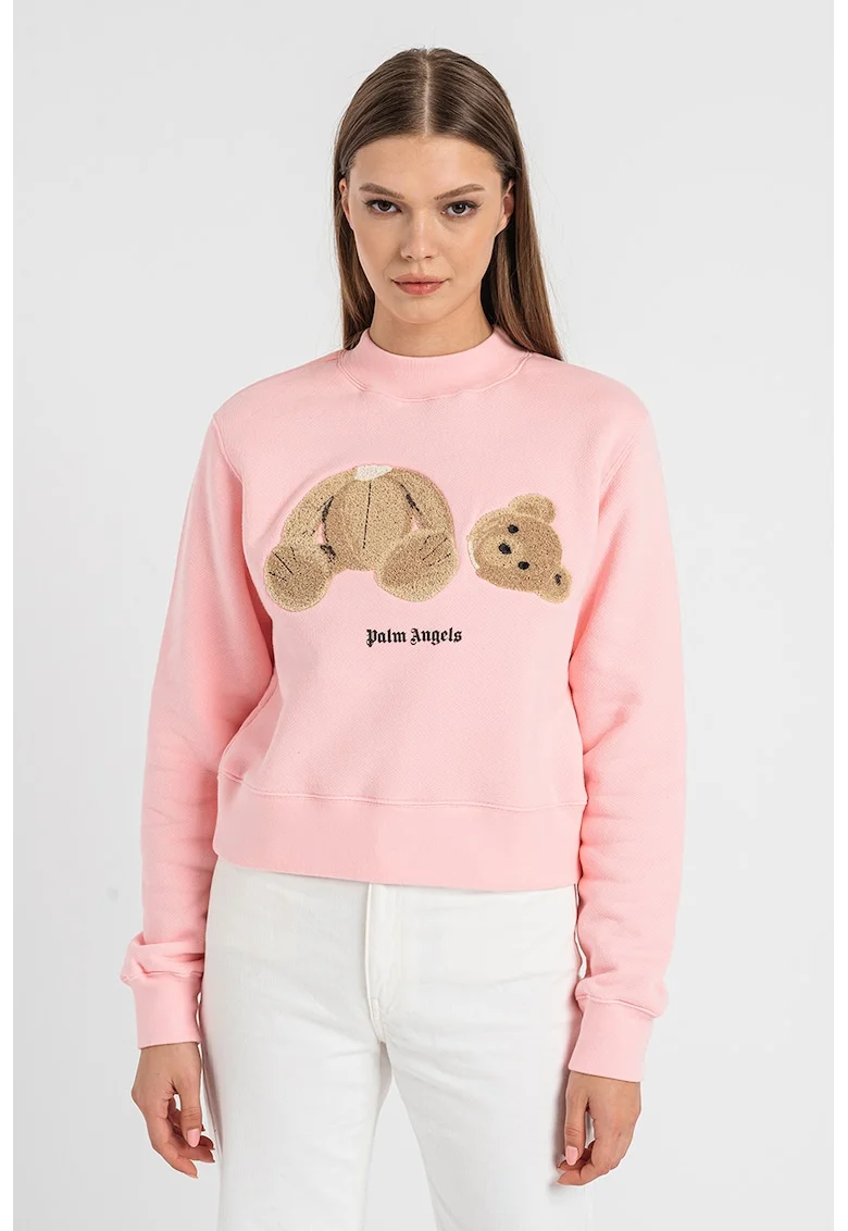 Bluza sport din bumbac cu aplicatie din material terry Bear, Negru/Roz pastel/Maro deschis
