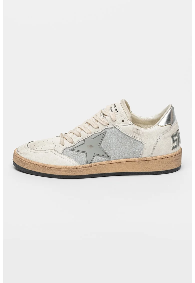 Pantofi sport de piele cu aspect stralucitor, Alb/Argintiu