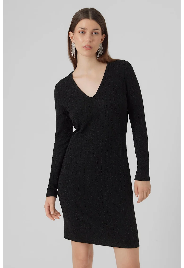 Rochie cu decolteu in V si insertii de lurex, Negru