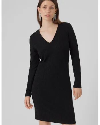 Rochie cu decolteu in V si insertii de lurex, Negru