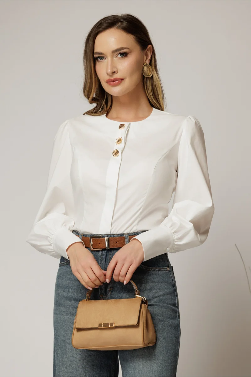 Camasa DY Fashion alba din poplin cu croi cambrat si nasturi decorativi