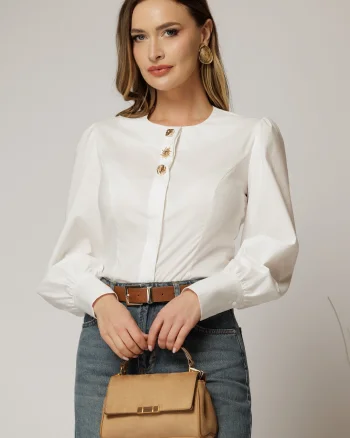 Camasa DY Fashion alba din poplin cu croi cambrat si nasturi decorativi
