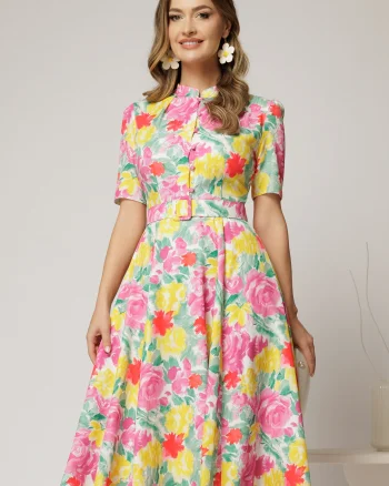 Rochie DY Fashion midi cu imprimeu roz si galben in clos din triplu voal cu nasturi la bust si curea in talie