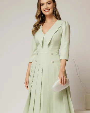 Rochie DY Fashion verde fistic cu decolteu cu guler ascutit si fusta plisata
