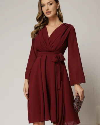 Rochie DY Fashion scurta din voal bordo cu decolteu petrecut si cordon in talie