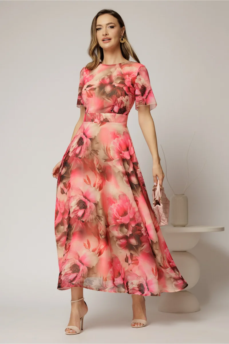Rochie DY Fashion lunga cu imprimeu rosu zmeura din voal creponat cu rijelina