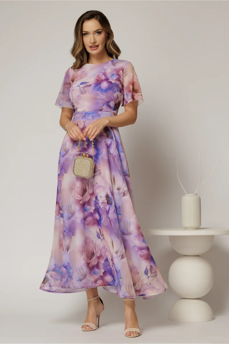 Rochie DY Fashion lunga cu imprimeu lila din voal creponat cu rijelina