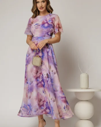 Rochie DY Fashion lunga cu imprimeu lila din voal creponat cu rijelina
