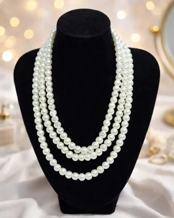 Colier cu trei siraguri din perle artizanale, Pearl Elegance, Ivory