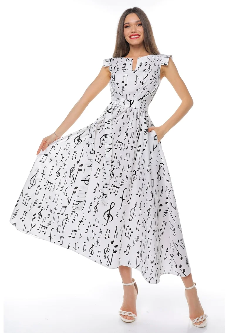 Rochie midi din bumbac cu un cordon, Alb/Negru