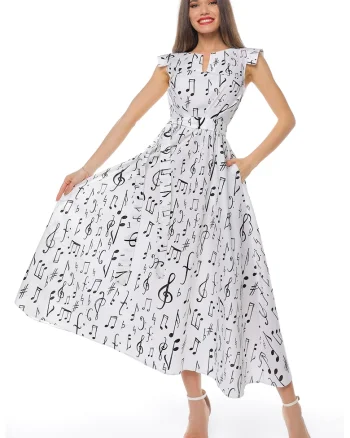 Rochie midi din bumbac cu un cordon, Alb/Negru