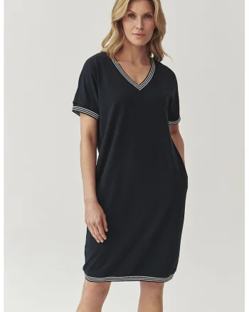 Rochie dreapta din amestec de modal cu terminatii contrastante, Negru/Alb optic