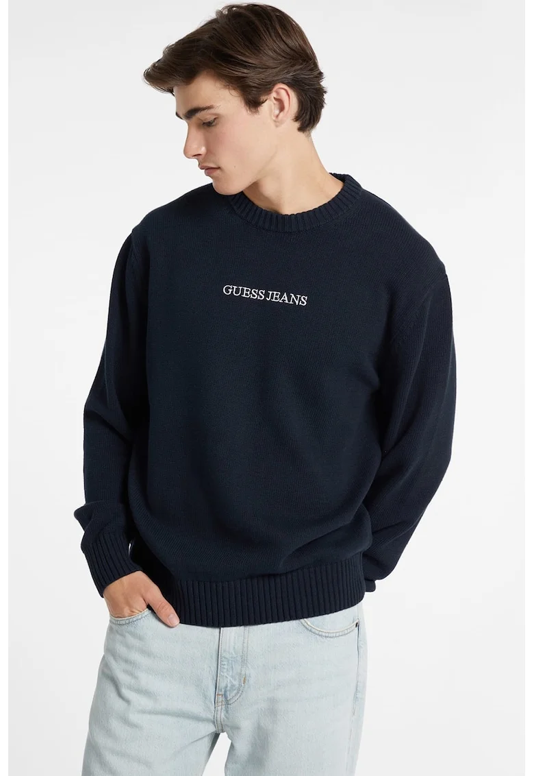 Pulover de bumbac cu broderie logo, Bleumarin