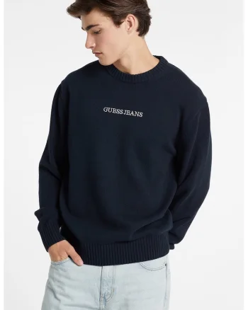Pulover de bumbac cu broderie logo, Bleumarin