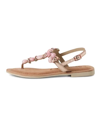 Sandale de piele cu bareta separatoare si strasuri, Auriu rose/Roz