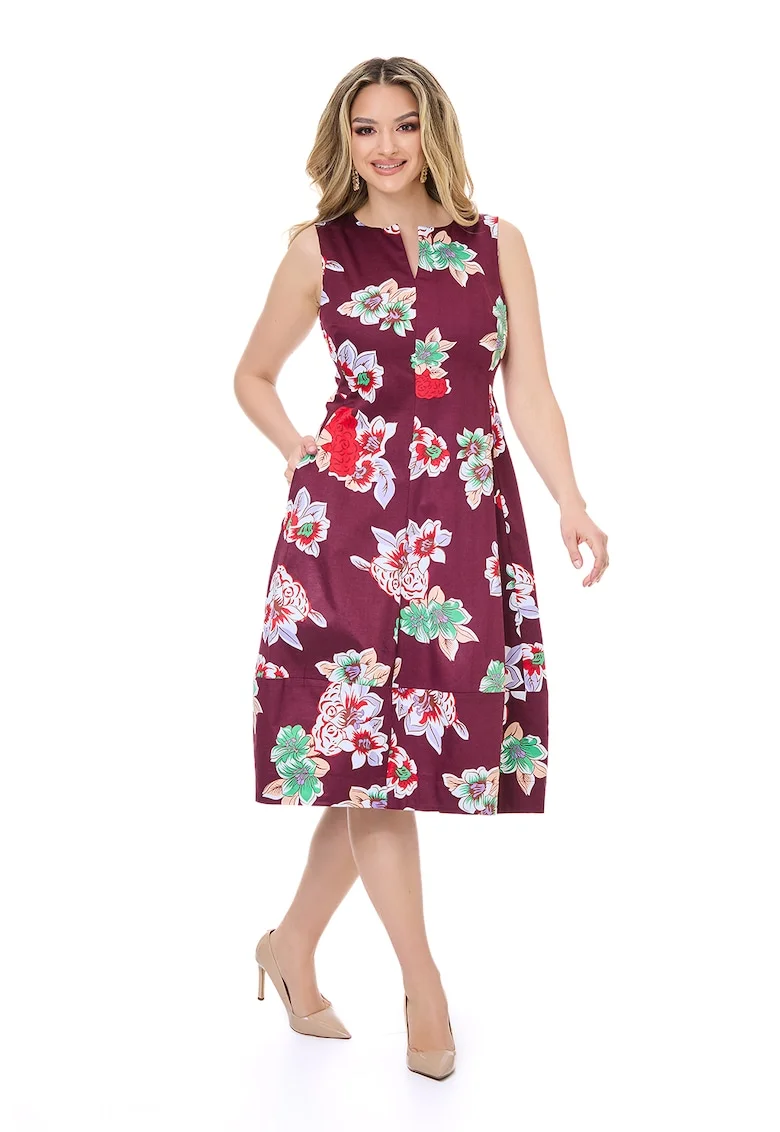 Rochie midi cu buzunare laterale, Rosu/Verde/Roz