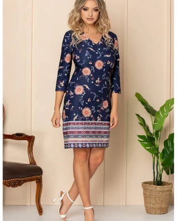 Rochie midi cu model si decolteu in V, Rosu/Alb/Albastru