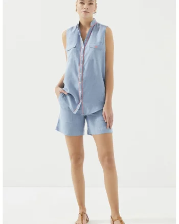 Pantaloni scurti din in cu model uni, Albastru deschis