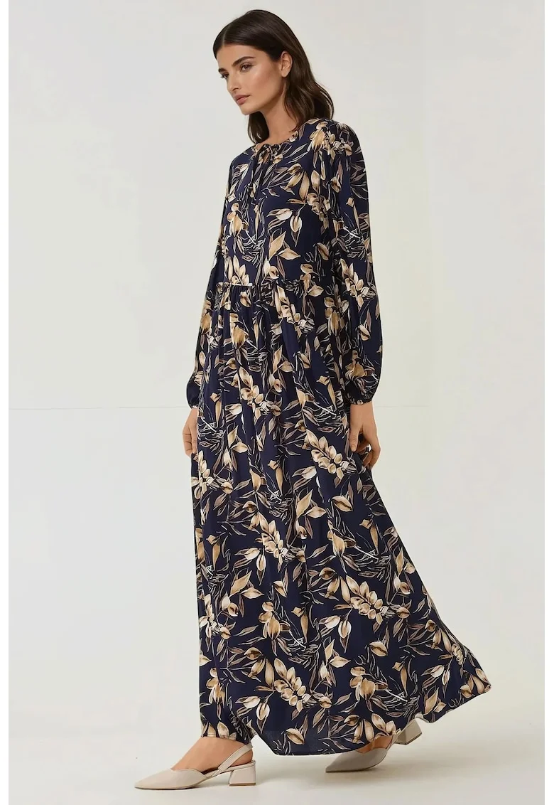 Rochie maxi,  imprimeu floral, albastra, viscoza
