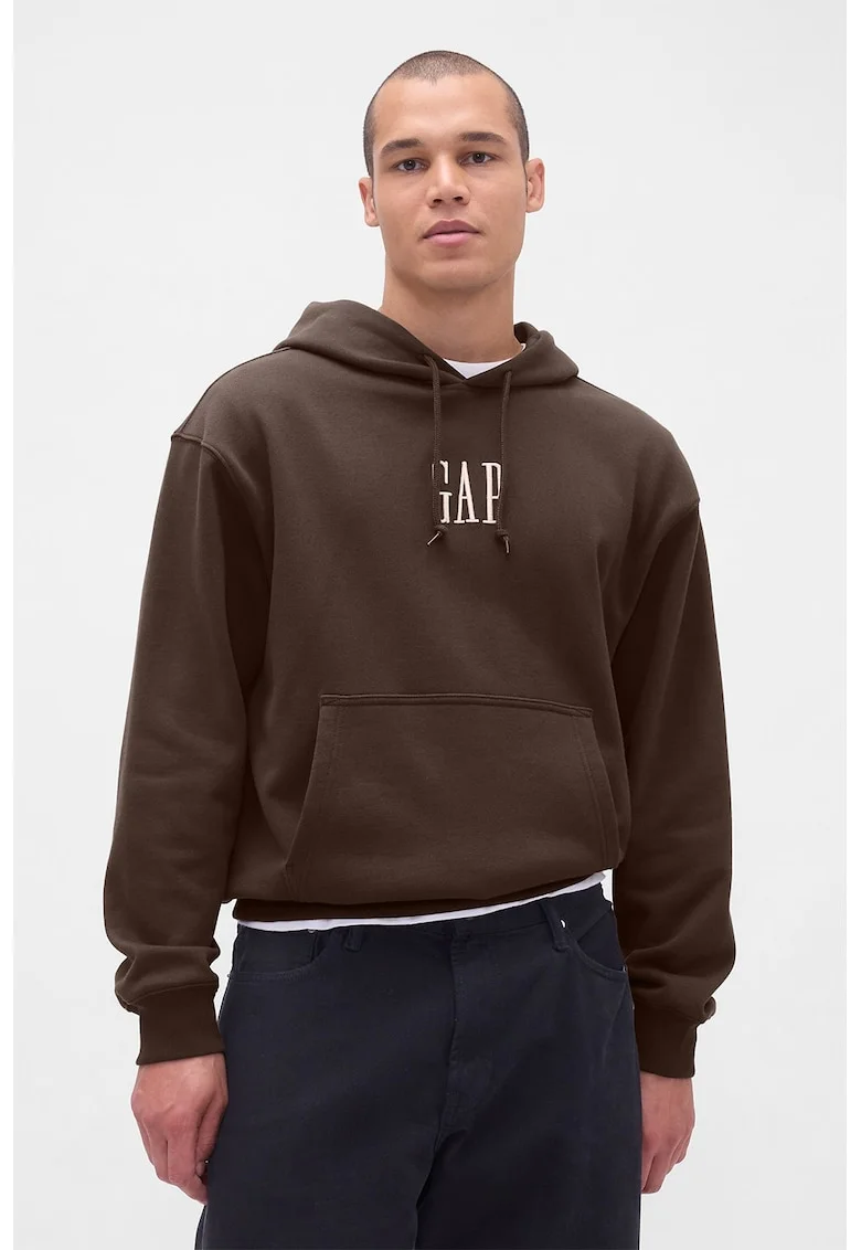 Hanorac cu logo brodat si buzunar kangaroo, Maro inchis/Alb optic