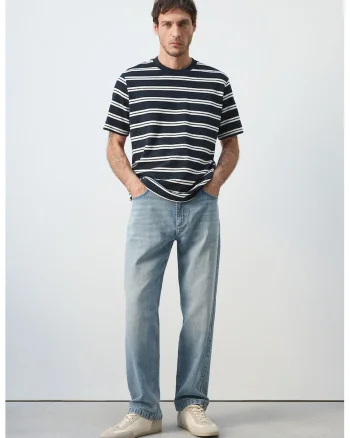 Tricou din amestec de bumbac cu model in dungi, Alb/Bleumarin
