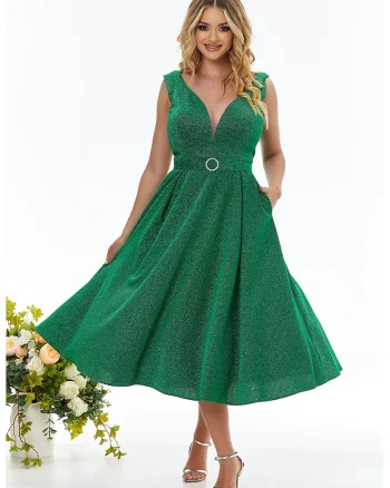 Rochie evazata stralucitoare cu decolteu adanc, Verde