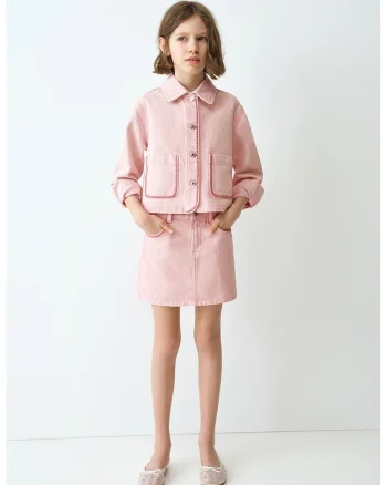 Jacheta de denim cu detalii brodate, Roz pastel