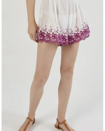 Pantaloni sucrti de bumbac cu broderie, Alb/Roz zmeuriu