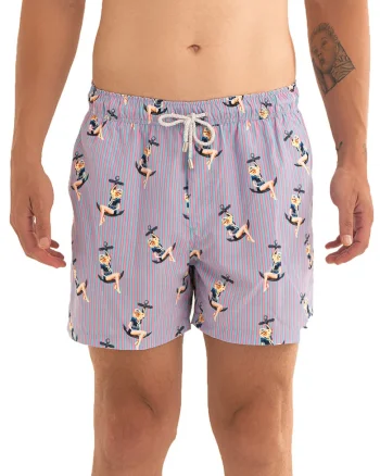 Pantaloni scurti de baie cu model si snur, Roz deschis/Albastru azur/Bleumarin