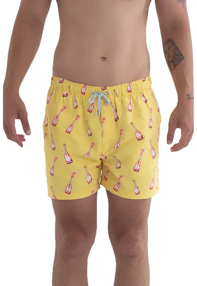 Pantaloni scurti de baie cu model si snur, Alb/Roz zmeuriu/Galben pai