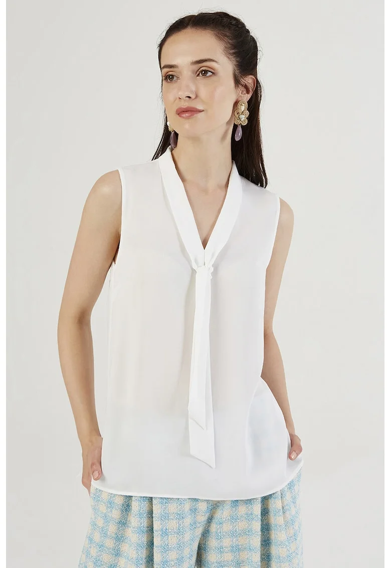 Bluza cu esarfa la decolteu, Alb optic