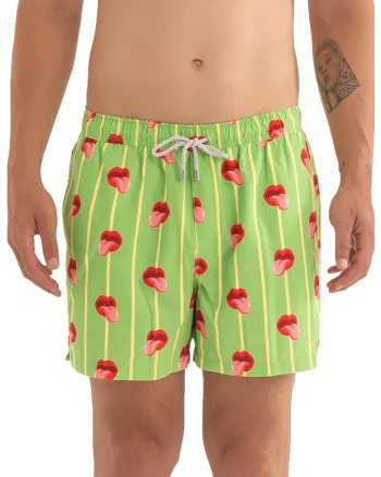 Pantaloni scurti de baie cu model si snur, Galben pai/Rosu vermillion/Verde lime