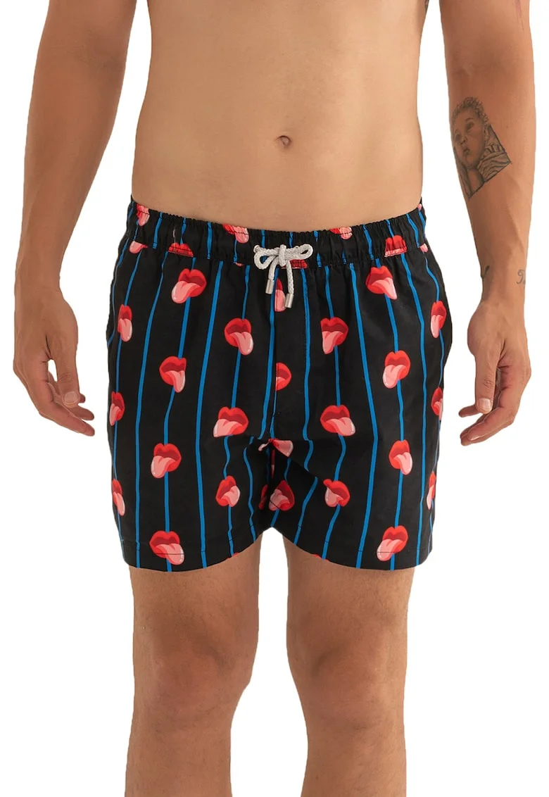 Pantaloni scurti de baie cu model si snur, Negru/Albastru royal/Rosu stins/Rosu vermillion
