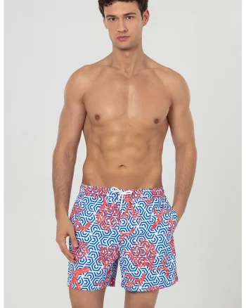 Pantaloni scurti de baie cu buzunare si snur, Albastru inchis/Coral/Alb optic