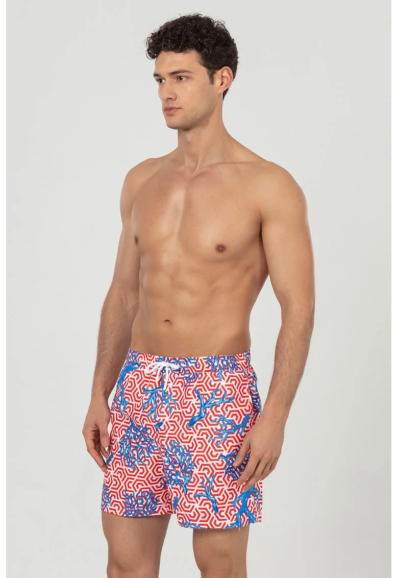 Pantaloni scurti de baie cu buzunare si snur, Albastru inchis/Alb optic/Rosu vermillion