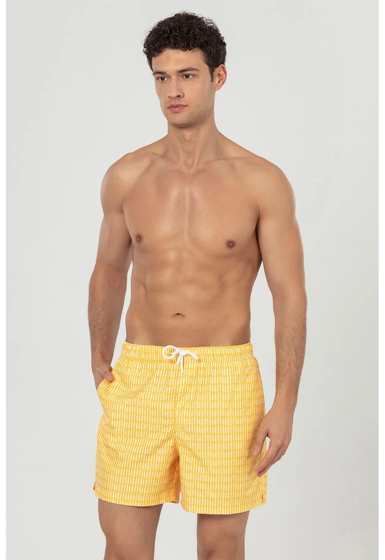 Pantaloni scurti de baie cu buzunare si snur, Alb/Galben sofran