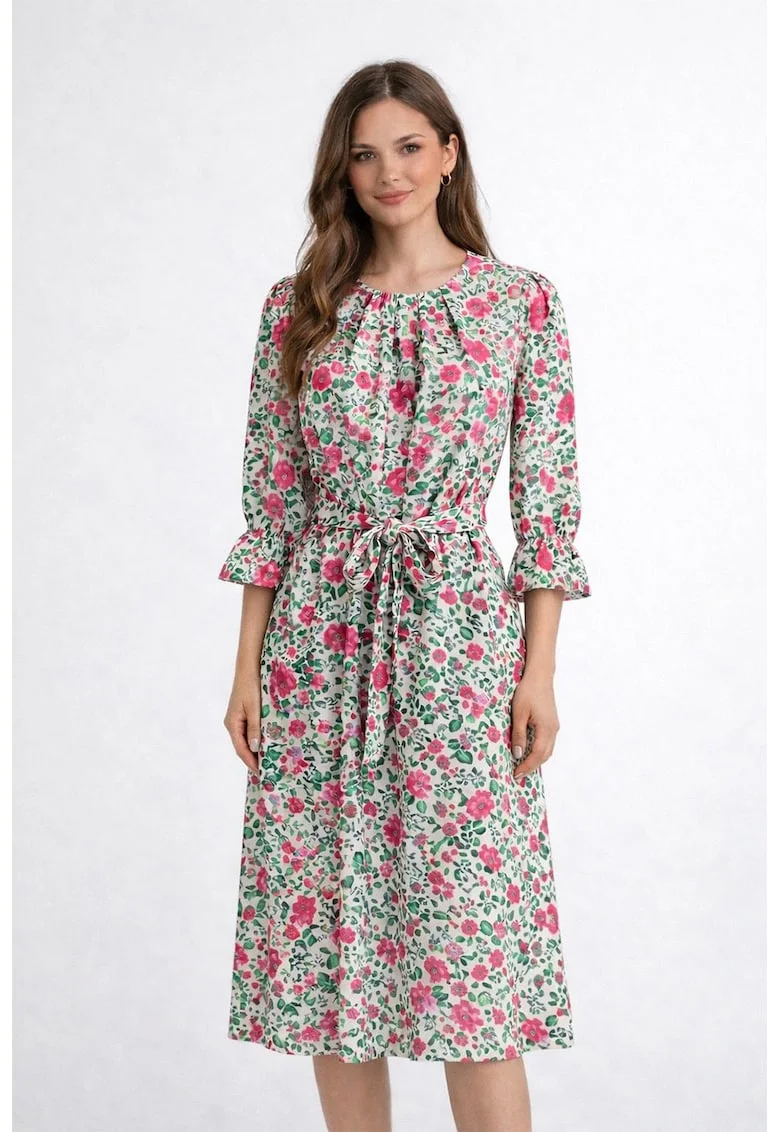 Rochie midi cu cordon in talie Xenia, Alb/Verde/Roz