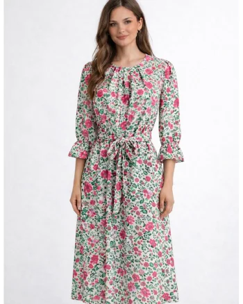 Rochie midi cu cordon in talie Xenia, Alb/Verde/Roz