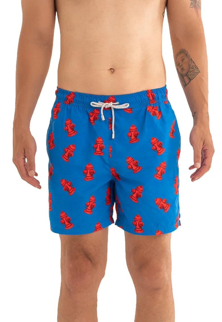 Pantaloni scurti de baie cu model si snur, Albastru royal/Rosu vermillion