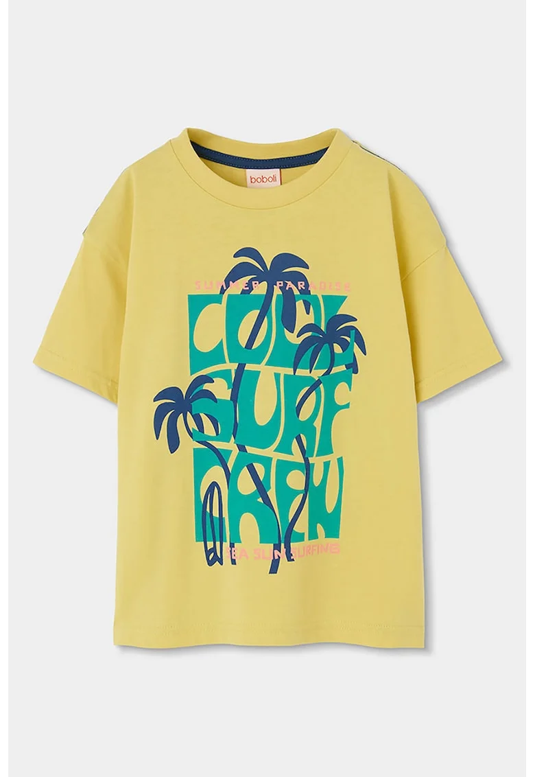 Tricou cu decolteu la baza gatului si imprimeu tropical, Galben