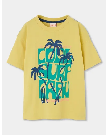 Tricou cu decolteu la baza gatului si imprimeu tropical, Galben