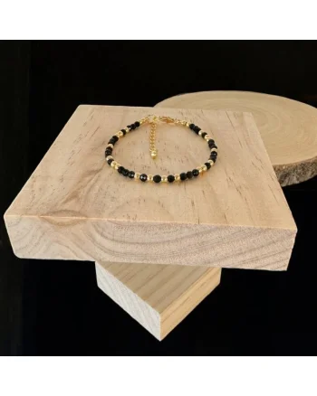 Bratara dama handmade din Obsidian Amina cu bilute din argint placat cu aur