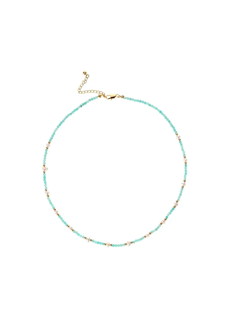 Colier Boho,  din pietre de Amazonit si Perle naturale, Bono, din cupru placat cu aur
