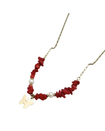 Colier boho  cu cipsuri de Coral Rosu si Perle naturale din otel inoxidabil, placat cu aur de 14K