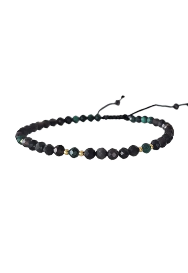 Bratara snur dama,  din pietre naturale de Obsidian si Malachit cu accesorii din Argint 925
