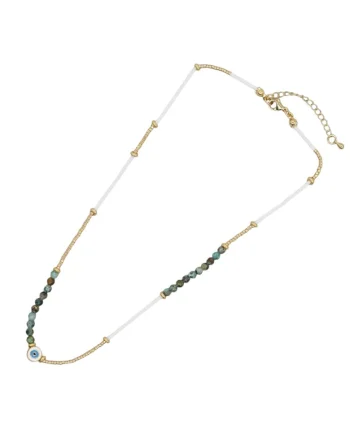 Colier margele  din Miyuki si Turcoaz African Enlai, cu Evil Eye, alama placata cu aur