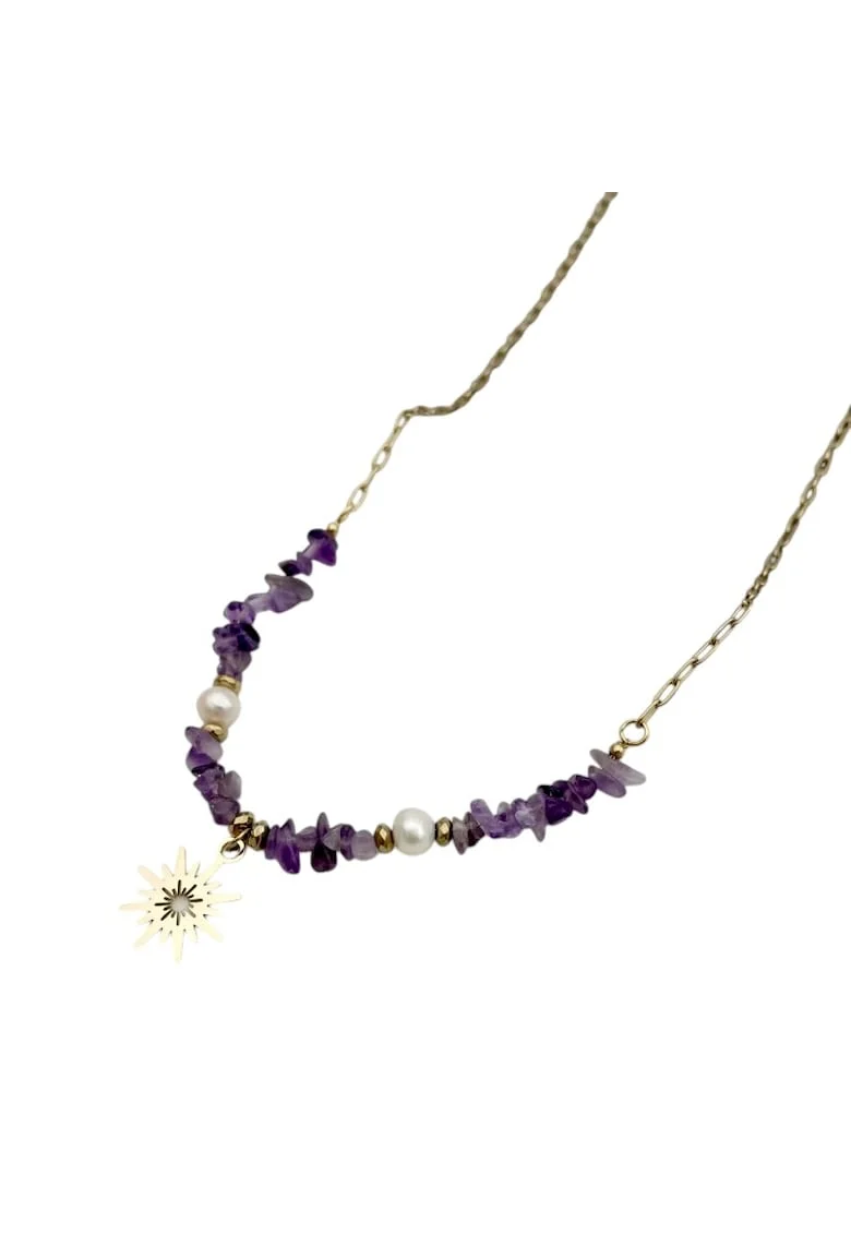 Colier boho  cu cipsuri de Ametist si perle din otel inoxidabil placat cu aur de 14K