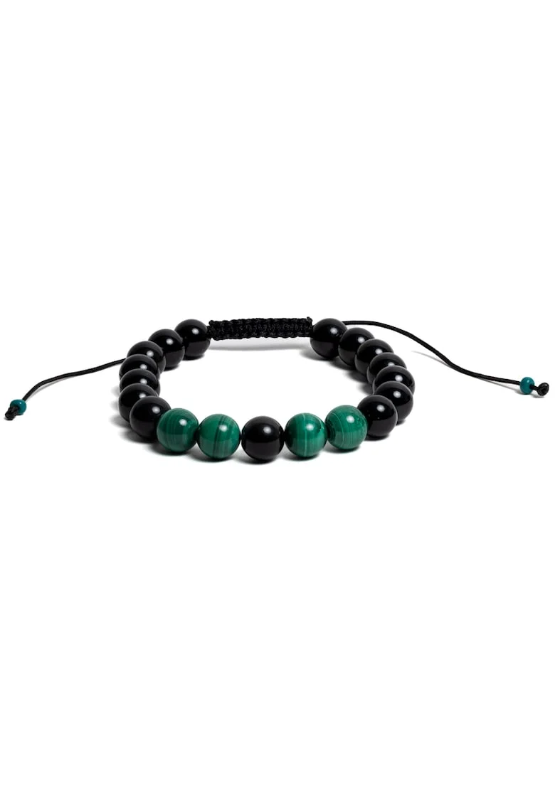 Bratara cu snur barbati,  din pietre semipretioase de obsidian si malachit, margele de 8mm, 17-18cm