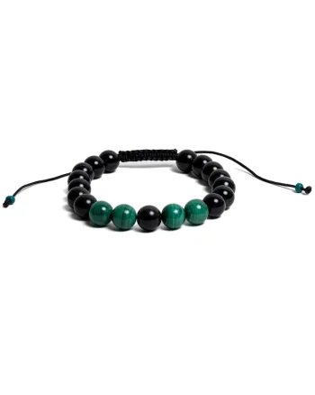 Bratara cu snur barbati,  din pietre semipretioase de obsidian si malachit, margele de 8mm, 17-18cm