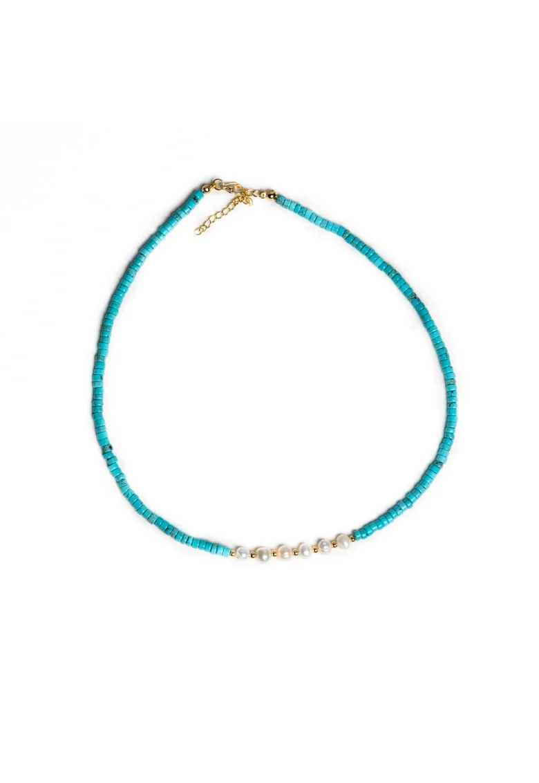 Colier choker turcoaz,  din piatra naturala Shoushan, Aisoon, cu perle de apa dulce placat cu aur de 18K, 45 cm cu 5 cm